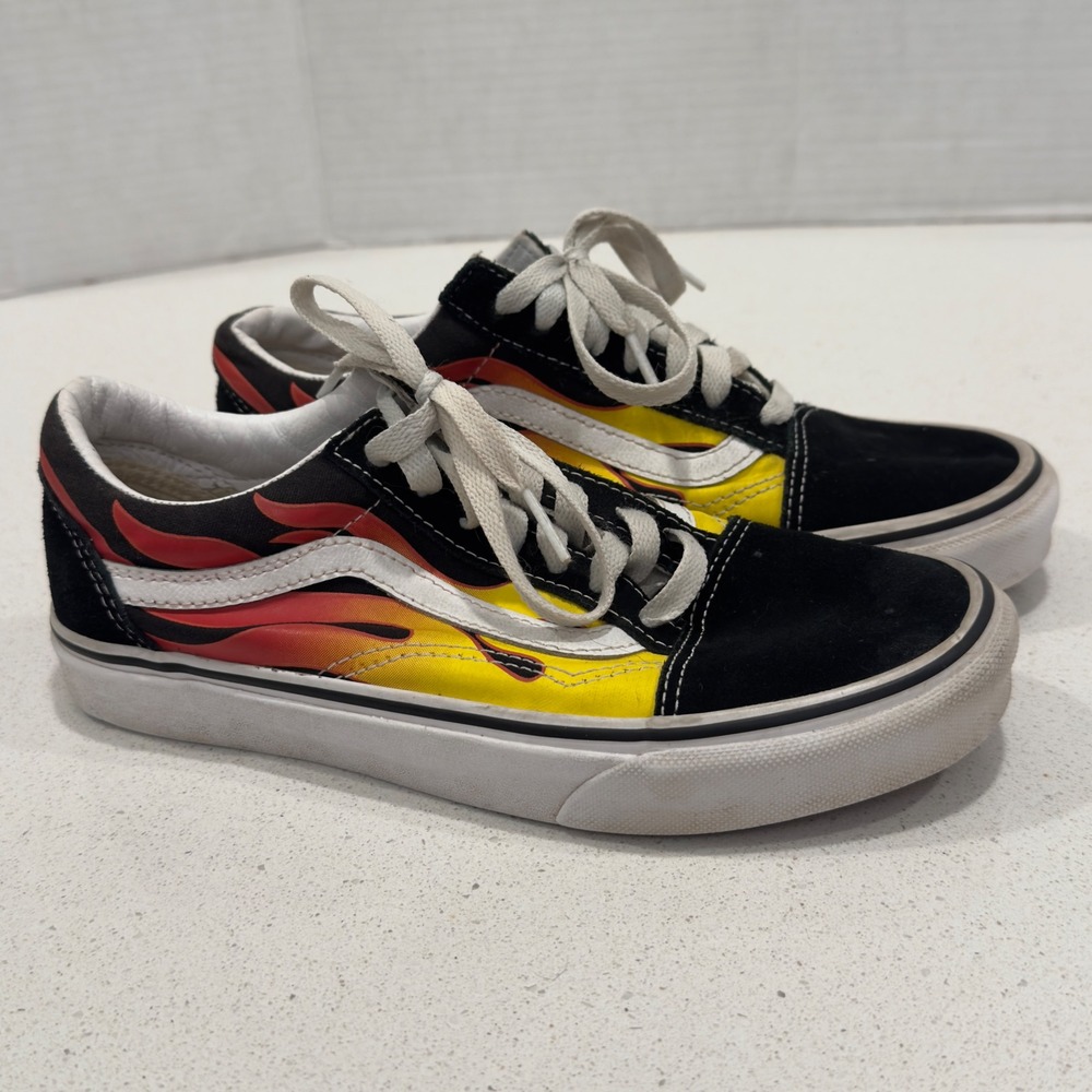 Vans Old Skool Flame Sneakers - Black Yellow Fire Shoes - Youth Size 7